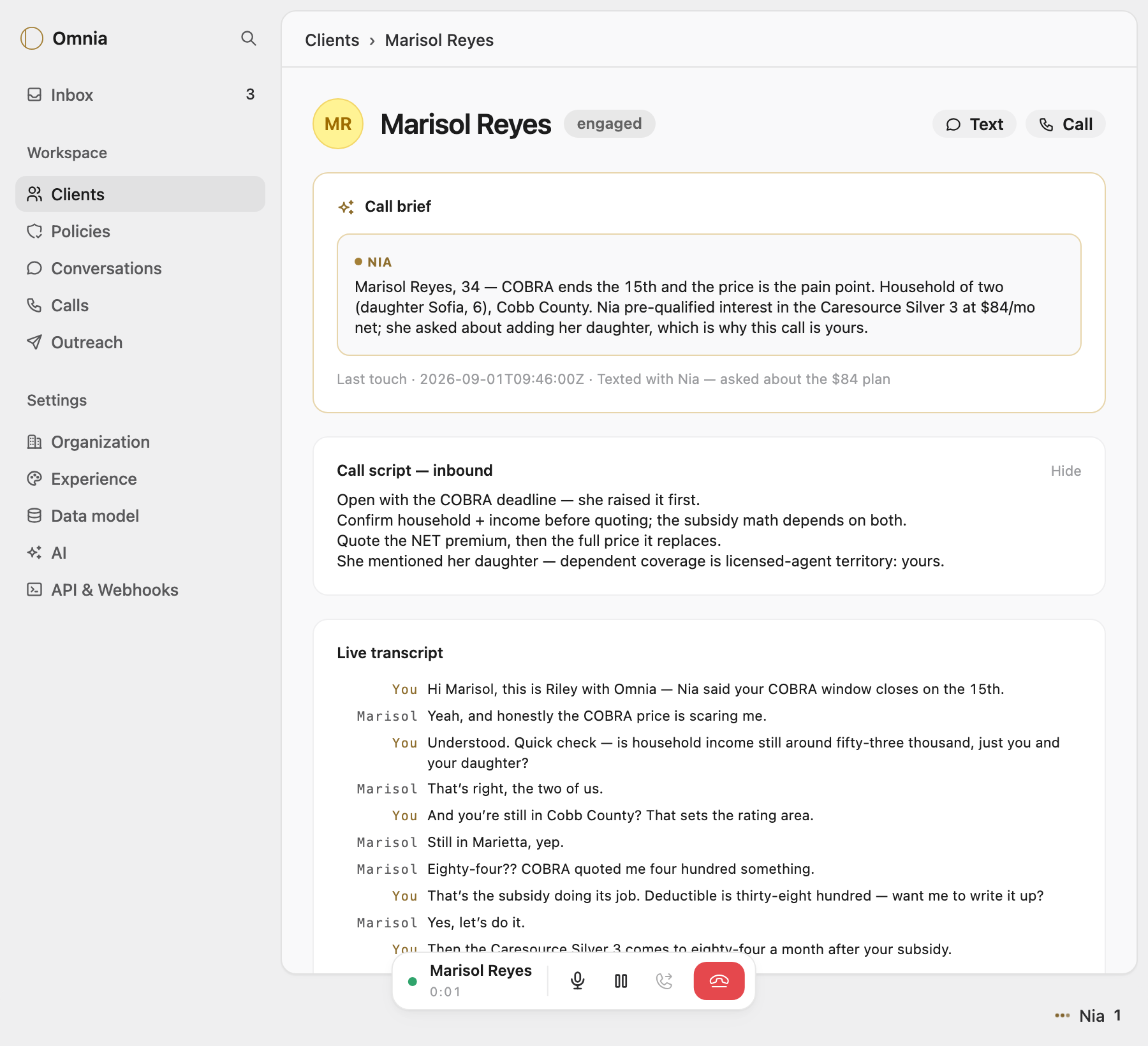 Omnia console: client record on a live call