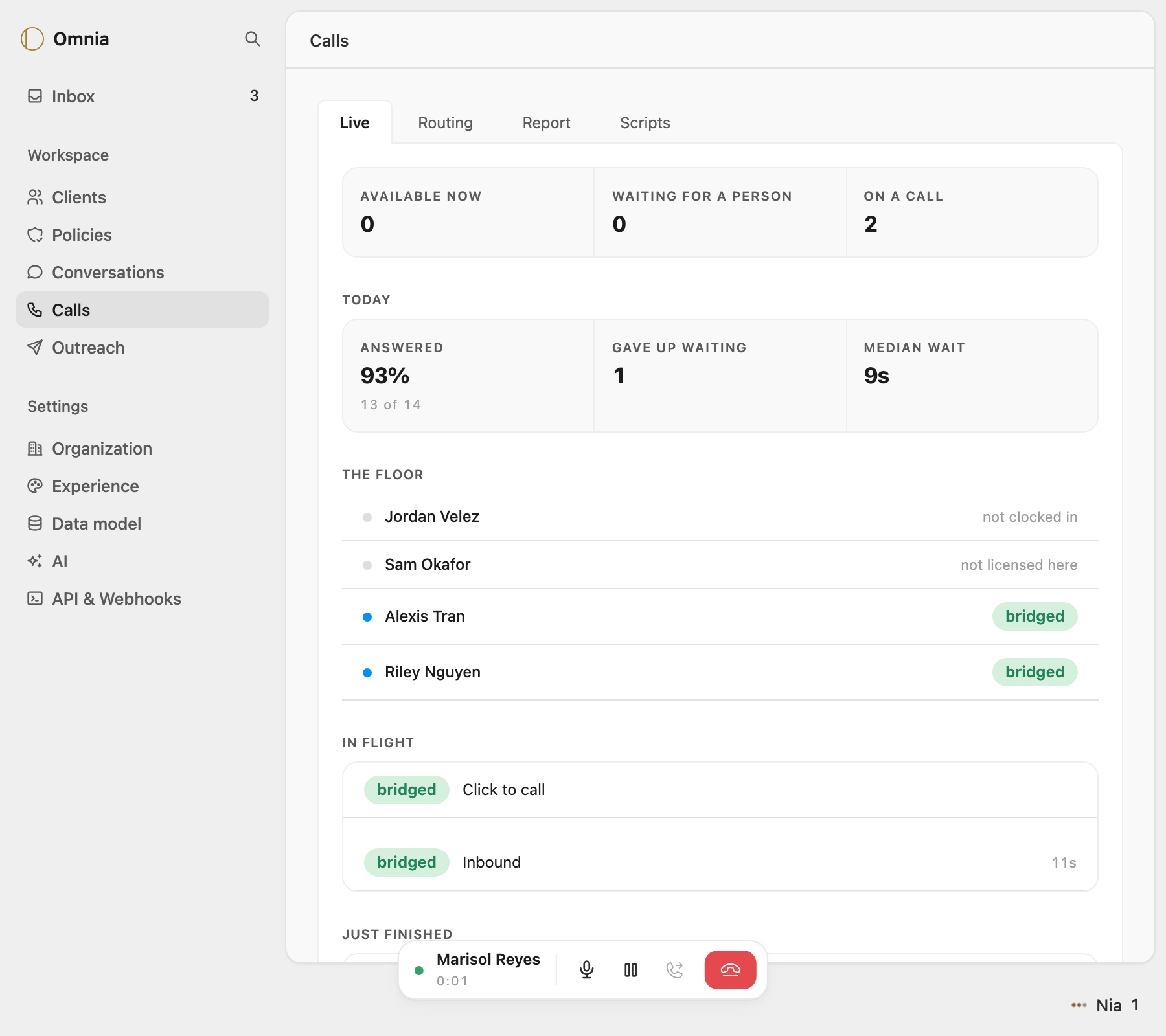 Omnia console: call routing